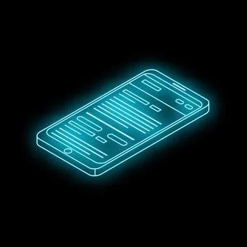 Neon blue smartphone showing programming code on black background Stock Illustration