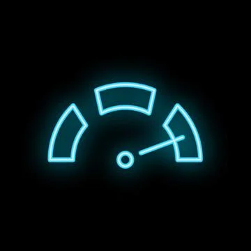 Neon blue speedometer icon glowing on dark background Stock Illustration