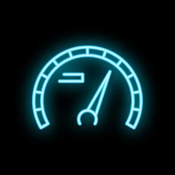 Neon blue speedometer showing increasing speed on black background Stock Illustration