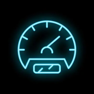 Neon blue speedometer showing progress on black background Stock Illustration
