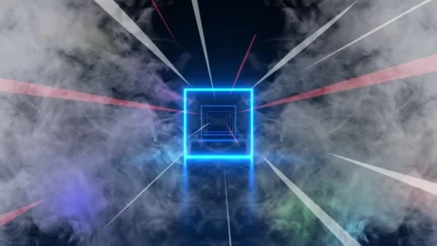 Neon Blue Square Frames in Smoky Futuristic Tunnel Stock Footage 303903731