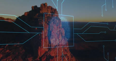 Neon-blue square materializing on rock monolith, circuit lines extending Stock Footage 314174504