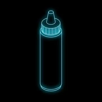 Neon blue squeeze bottle glowing on black background Stock Illustration