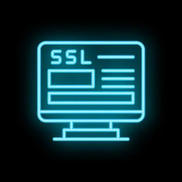 Neon blue ssl certificate icon glowing on black background Ilustración de archivo