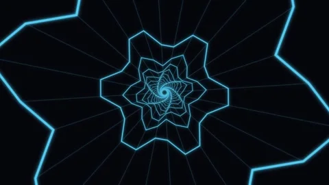 Neon blue star wireframe tunnel moving through dark space Stock Footage 336342178