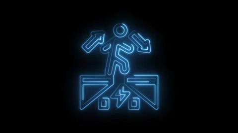 Neon blue stick figure leaping over obstacles with arrows indicating direction Stock Footage 333966090
