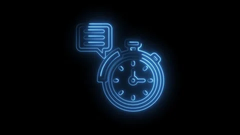 Neon blue stopwatch icon with speech bubble glowing on black background Stock Footage 333959168