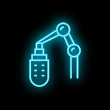 Neon blue studio microphone with adjustable arm on black background Stock Illustration