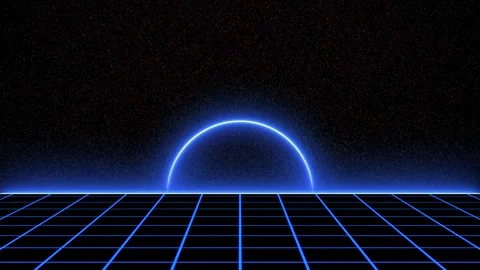 Neon Blue Sunset Over Grid Floor in Dark Outer Space Stock Footage 318657677