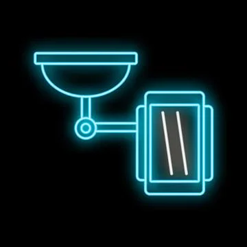 Neon blue surveillance camera icon protecting property Ilustración de archivo