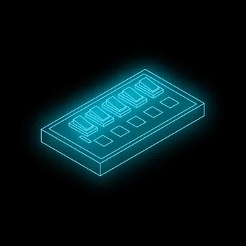 Neon blue switches control panel glowing in dark environment Stock Illustration