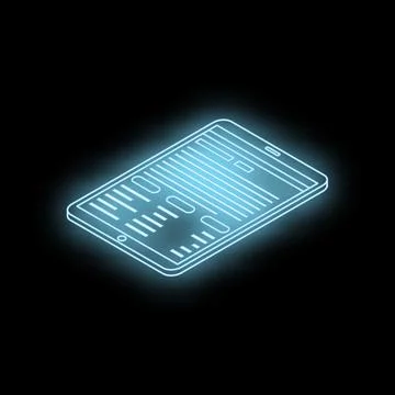 Neon blue tablet showing data on black background Stock Illustration