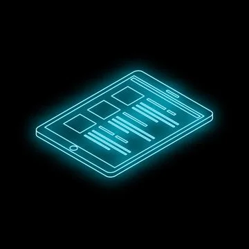 Neon blue tablet showing responsive website design on black background Stock Illustration