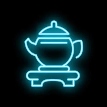 Neon blue teapot standing on small table sign on black background Stock Illustration
