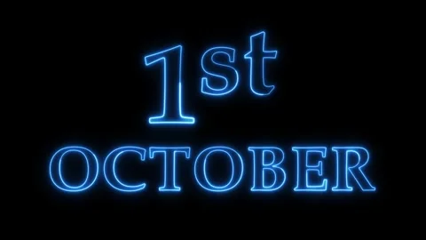 Neon blue text animation showing first of october on black backdrop. 库存影片 337521896