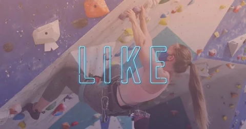 Neon blue like text banner against caucasian fit woman wall climbing at the gym Stock Footage 329487463
