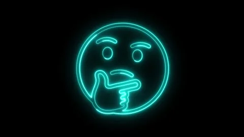 Neon blue thinking emoji icon with glowing light effect on dark background Stock Footage 341814002