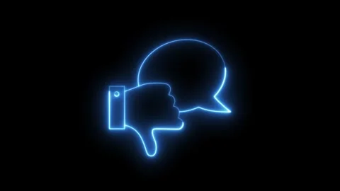 Neon blue thumbs down gesture and speech bubble animation on black, negativ.. Stock Footage 318385975