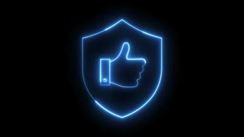 Neon blue thumbs-up inside shield symbol animation drawing and looping on b.. Stock Footage 318385990
