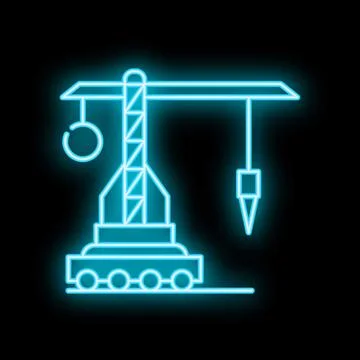 Neon blue tower crane operating at night on a construction site Stock Illustration