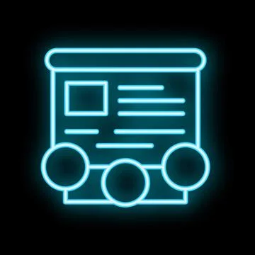 Neon blue train wagon icon with wheels and windows glowing on black backgroun Stock Illustration