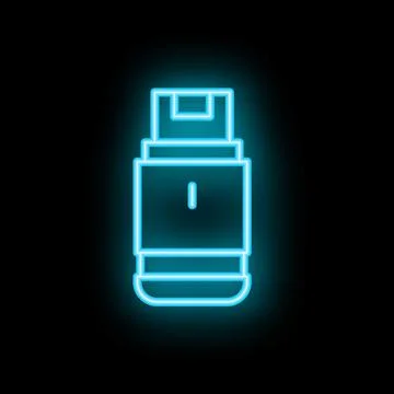 Neon blue usb flash drive icon glowing against a black background Stock Illustration