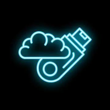 Neon blue usb flash drive uploading data to cloud storage icon Illustrazione stock