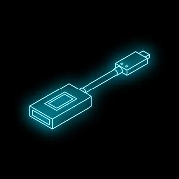 Neon blue usb type c adapter glowing on black background Stock Illustration