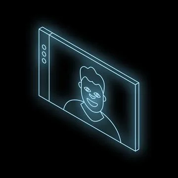 Neon blue video call on tablet with smiling man Stock Illustration