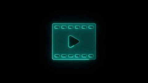 Neon blue video play icon pulsing on black background for digital media int.. Stock Footage 345549640
