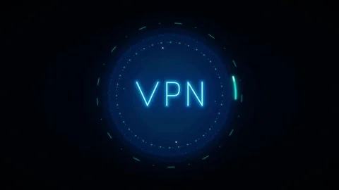 Neon blue VPN displayed on a dark digital interface with glowing circular HUD 스톡 동영상 335826469