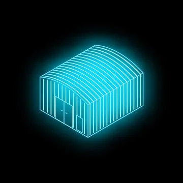 Neon blue warehouse building shining on black background Ilustración de archivo