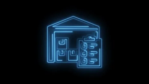 Neon blue warehouse icon with boxes and checklist glowing on black backgrou.. Stock Footage 346132022