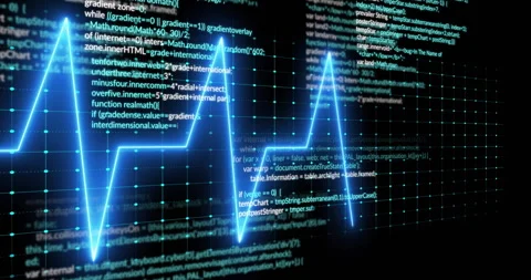Neon-blue waveform zigzagging across digital grid while JavaScript code snippets Stock Footage 307454419