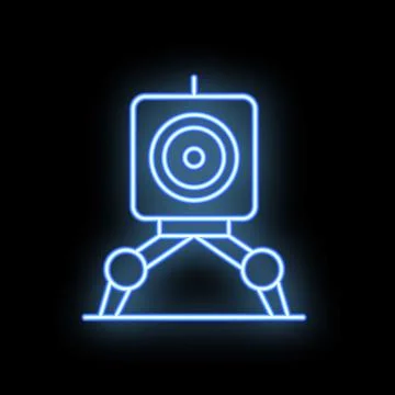 Neon blue web camera icon glowing on dark background Stock Illustration