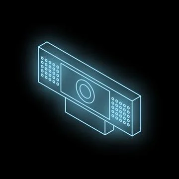 Neon blue webcam glowing on black background, isometric view Stock Illustration