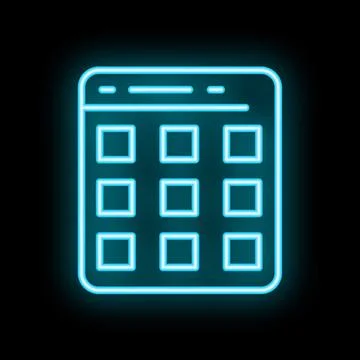 Neon blue webpage layout with nine square placeholders on black background Stock-Illustration