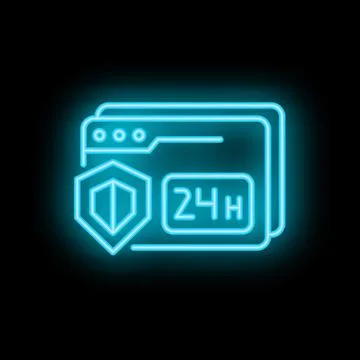 Neon blue website security icon showing 24 hours protection Stock Illustration