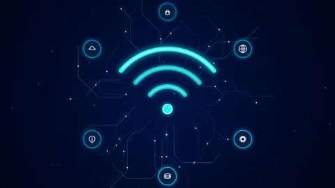 Neon blue wifi icon surrounded by tech symbols on animated circuit board da.. Stock Footage 345334188