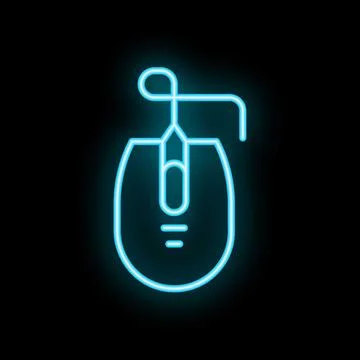 Neon blue wired computer mouse glowing on black background Stock Illustration