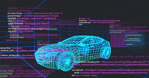 Neon-blue wireframe car entering grid tunnel causing pink white code streaming Stock Footage 312757533
