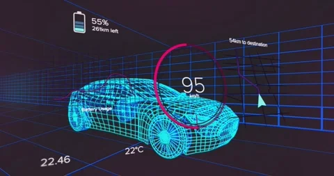 Neon blue wireframe car model displaying speed gauge battery graph and Stock Footage 328837296