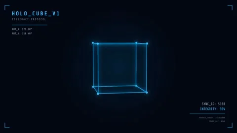 Neon blue wireframe cube spinning loop on dark abstract background Stock Footage 336805176