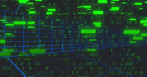 Neon blue wireframe forming tunnel camera moving right green binary rising Stock Footage 332288909