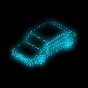 Neon blue wireframe sedan hatchback car shining in the dark Stock Illustration