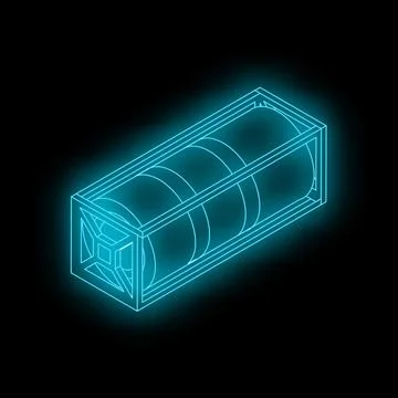 Neon blue wireframe showing a cargo container filled with barrels, on a black Stock Illustration