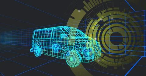Neon blue wireframe van model rotating in virtual 3D space, with floating yellow Foto stock