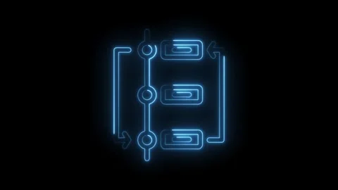 Neon blue workflow diagram with arrows and process steps on black background Stock Footage 330785564