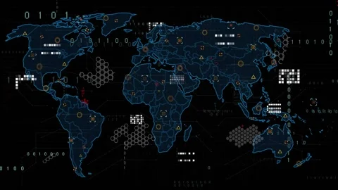 Neon-blue world map appearing, markers multiplying and linking, visualizing Stock Footage 331125256