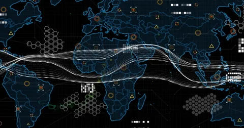 Neon-blue world map being animated in dark dashboard, with flowing data streams Vídeos de archivo 307944702
